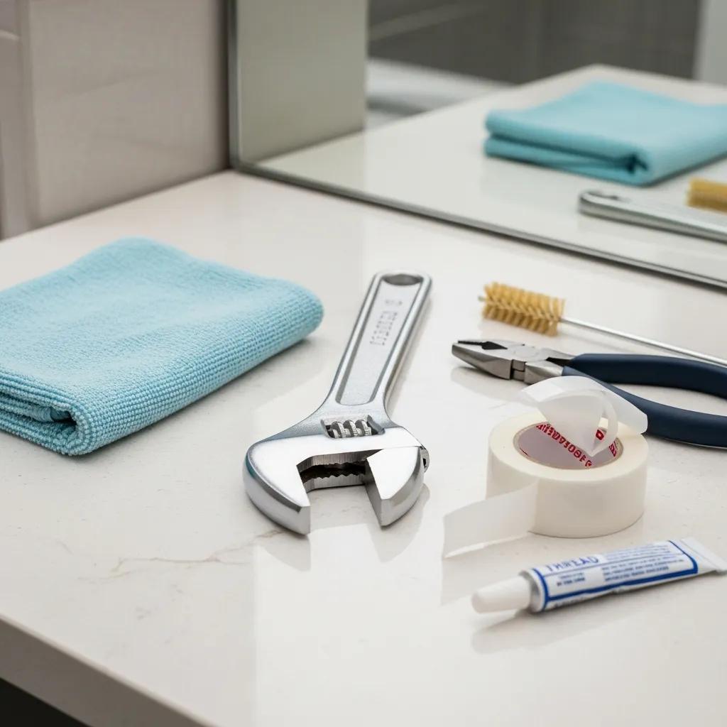 Adjustable wrench, plumber's tape, and a rag laid out on a bathroom counter as essential showerhead replacement tools