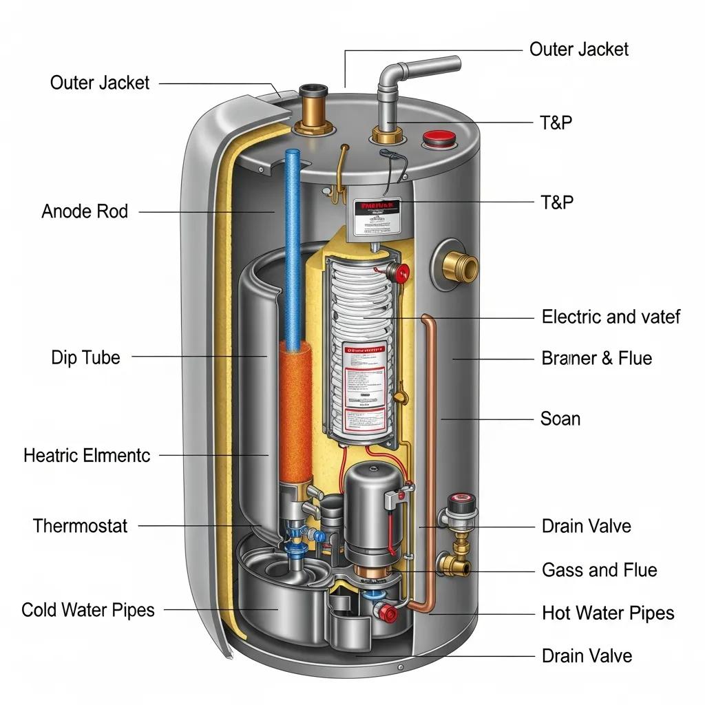 Water heater parts like anode rod and T&P valve shown for homeowner reference