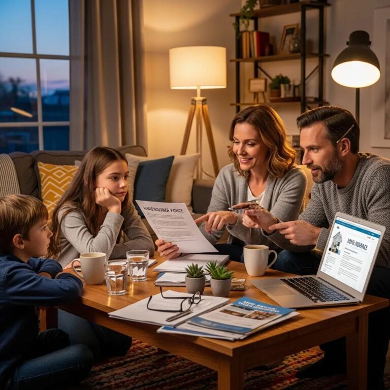 Family discussing home insurance in a cozy living room, emphasizing the importance of protecting against plumbing damage