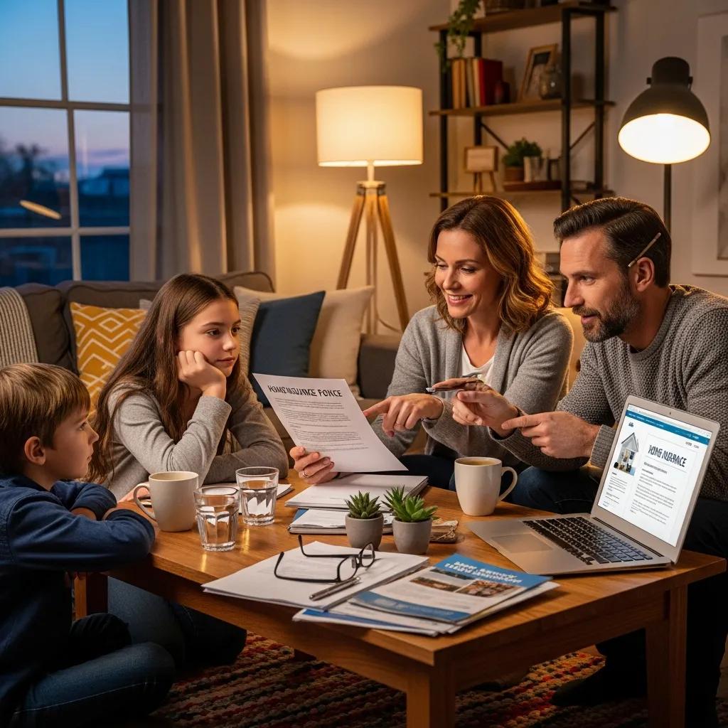 Family discussing home insurance in a cozy living room, emphasizing the importance of protecting against plumbing damage