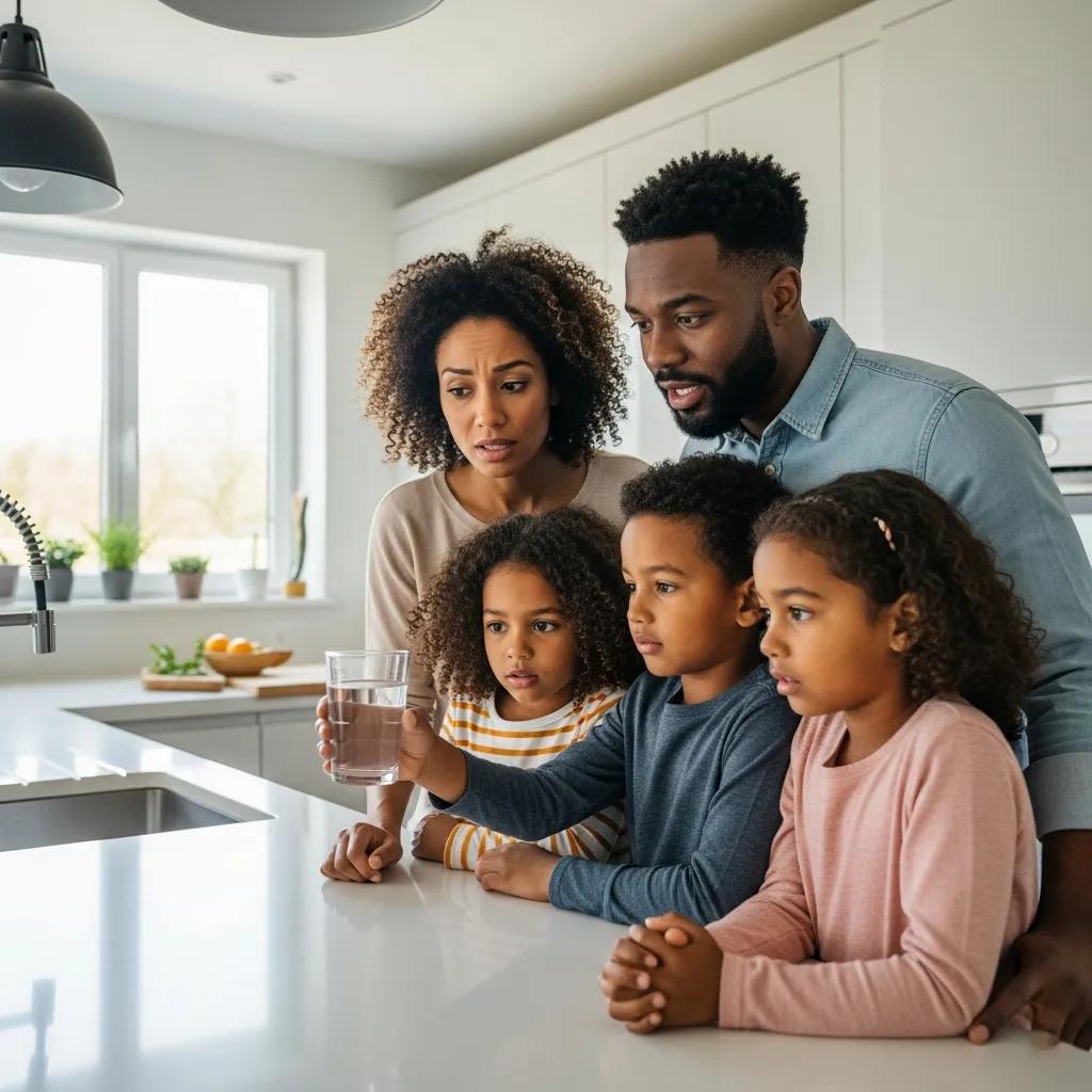 Family examining drinking water in a modern kitchen, highlighting the importance of water safety