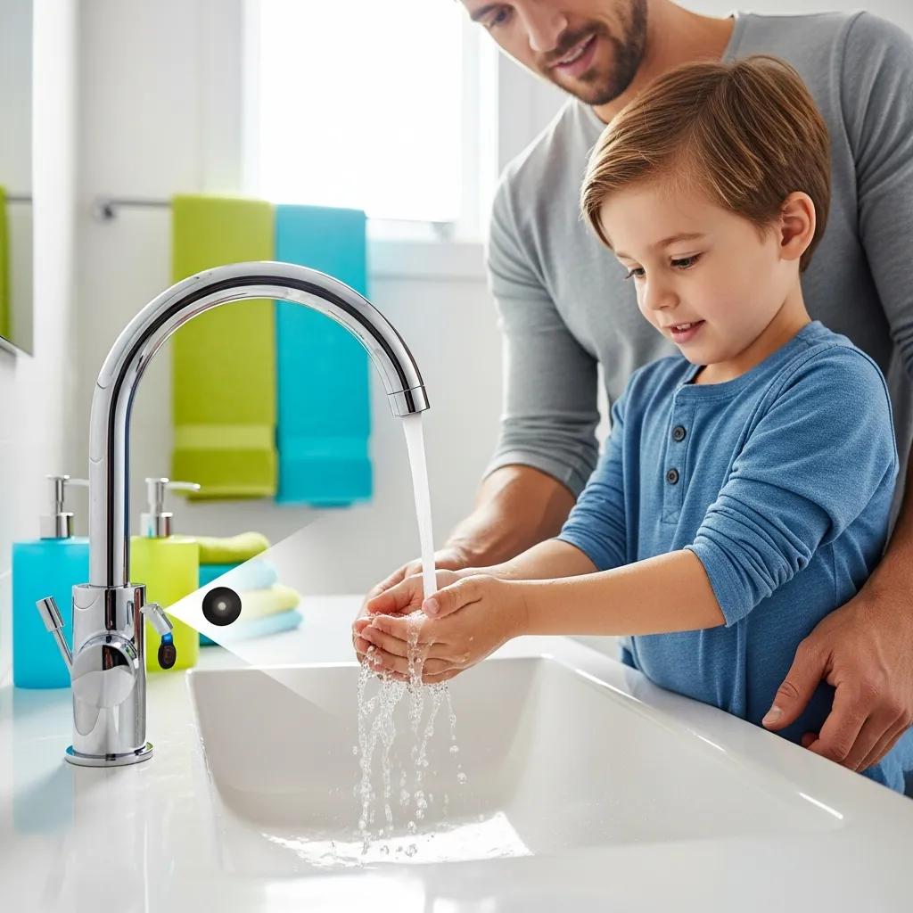Father and son using a touchless faucet in a bathroom, emphasizing hygiene and convenience with hands-free water flow.