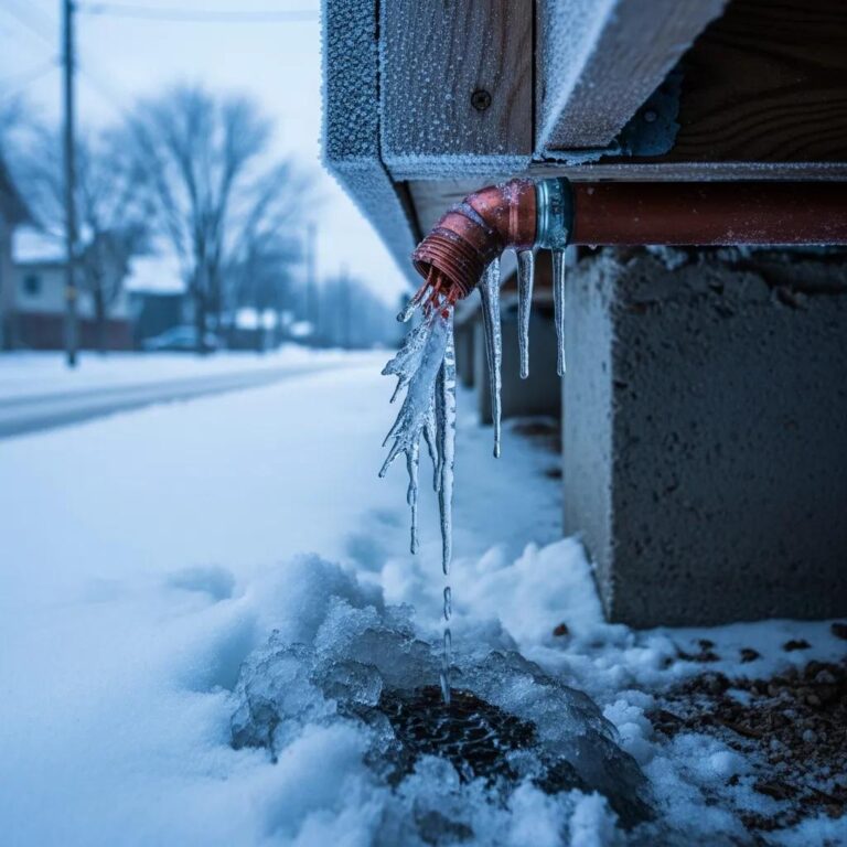 Frozen pipe with icicles in a snowy residential setting, illustrating the risks of pipe freezing