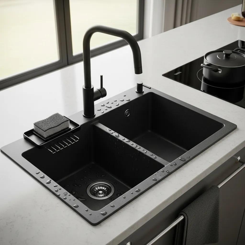 Matte granite composite kitchen sink showing texture and integration with countertop
