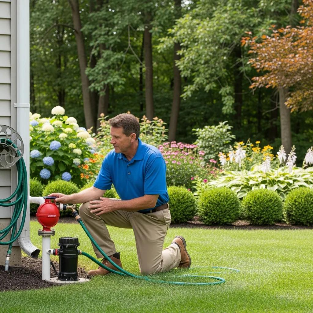 Homeowner checking a backflow preventer and sump pump to prevent sewer backups
