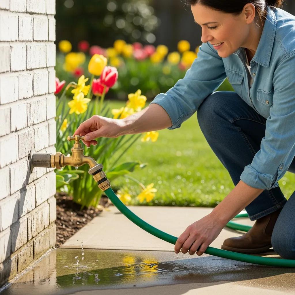 Homeowner inspecting outdoor plumbing fixtures during spring maintenance