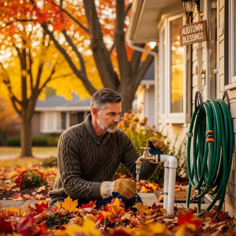 Homeowner inspecting outdoor plumbing in a fall setting, emphasizing winter preparation