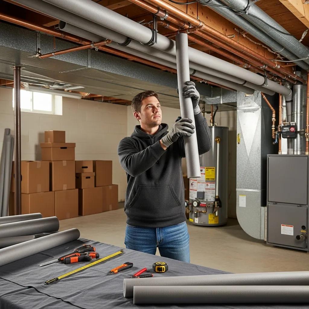Homeowner adding insulation to basement pipes to prevent winter freezes