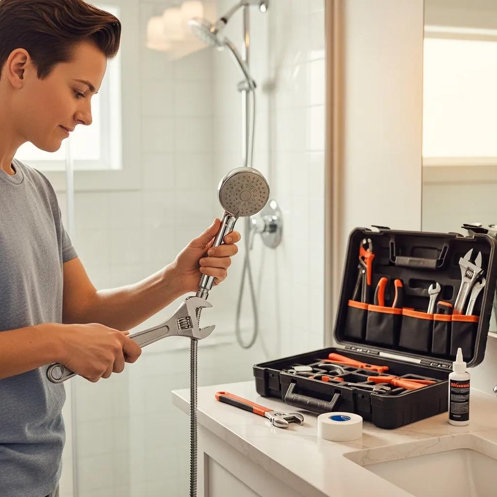 Homeowner replacing a showerhead in a bright bathroom, showcasing tools and a sense of DIY accomplishment