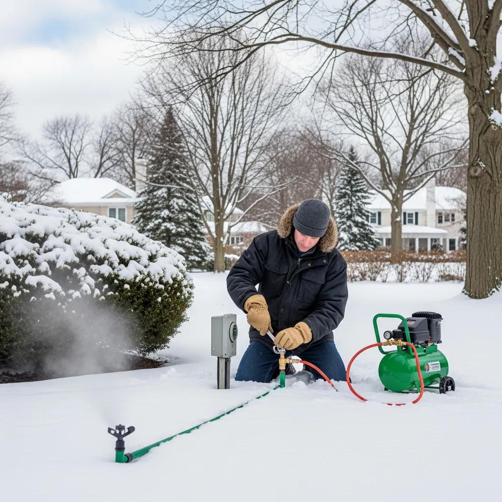 Homeowner winterizing a sprinkler system in snowy Grosse Pointe landscape