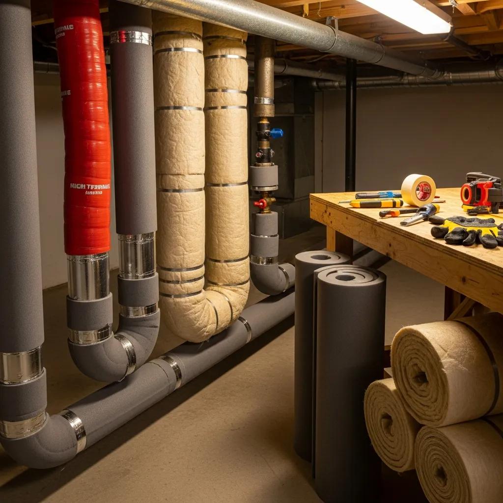 Basement pipes wrapped with insulation to prevent freezing