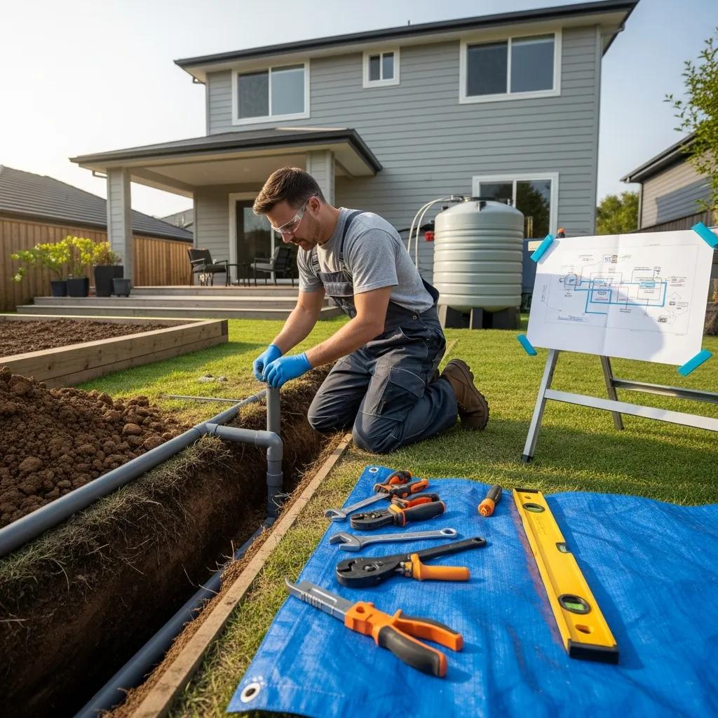 Plumber installing a residential greywater filtration system during an on-site setup