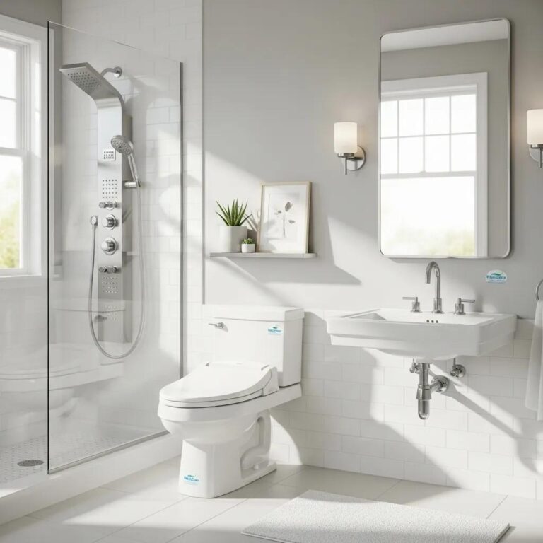 Modern bathroom featuring high-efficiency WaterSense plumbing fixtures promoting water conservation