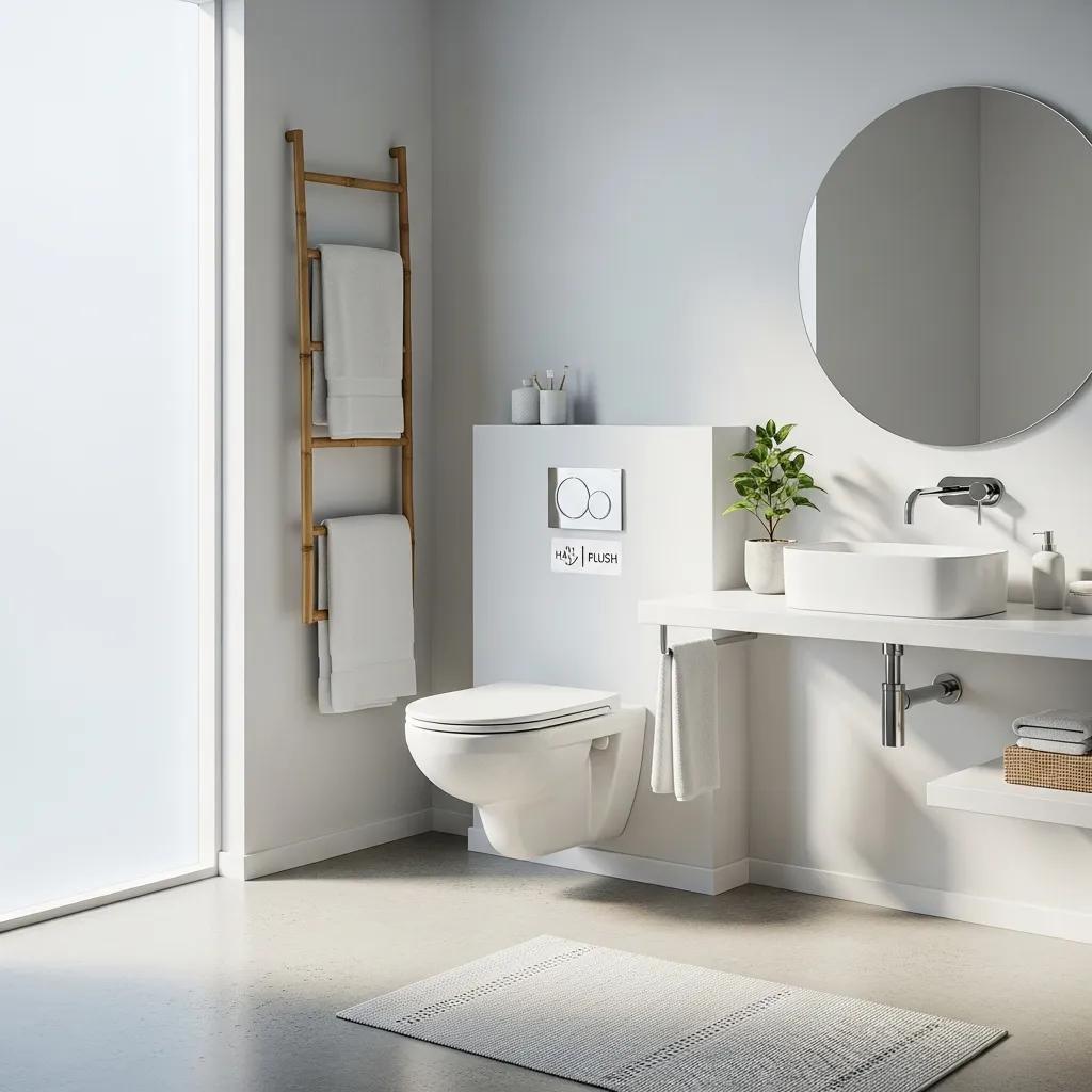 Modern dual-flush toilet in bright bathroom emphasizing water efficiency and contemporary design, featuring a minimalist aesthetic with a round mirror, sleek sink, and eco-friendly fixtures.