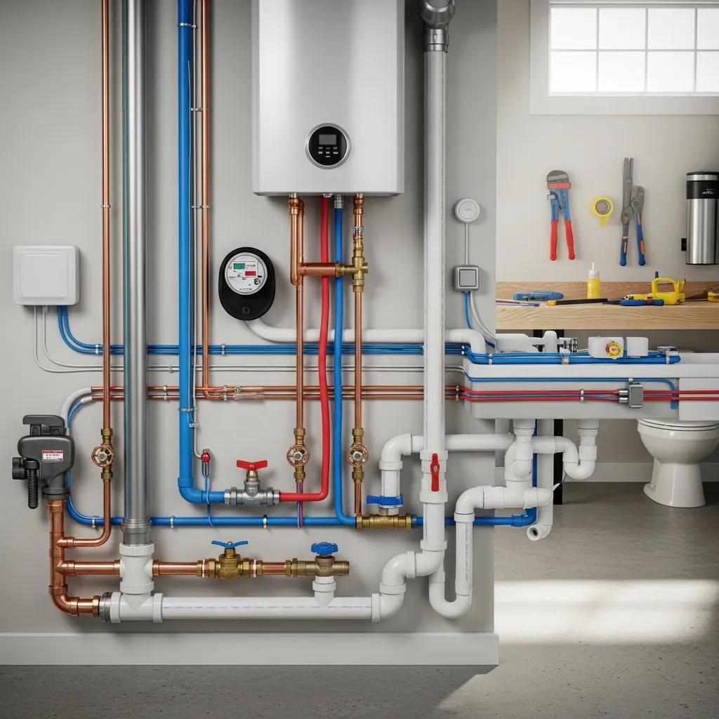 Modern home plumbing system with pipes and fixtures illustrating essential plumbing vocabulary