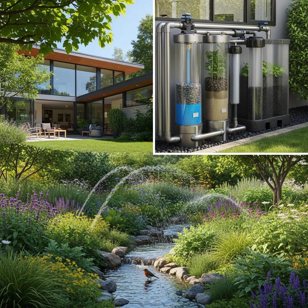 Modern home with greywater filtration system in a lush garden, showcasing residential recycling solutions