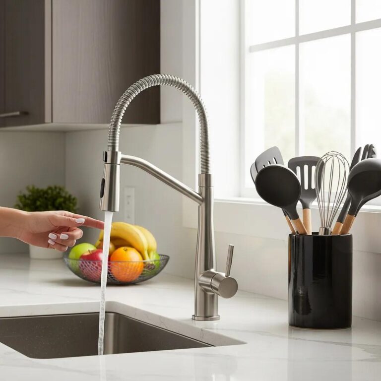 Modern touchless faucet in a kitchen with flowing water and fresh fruits
