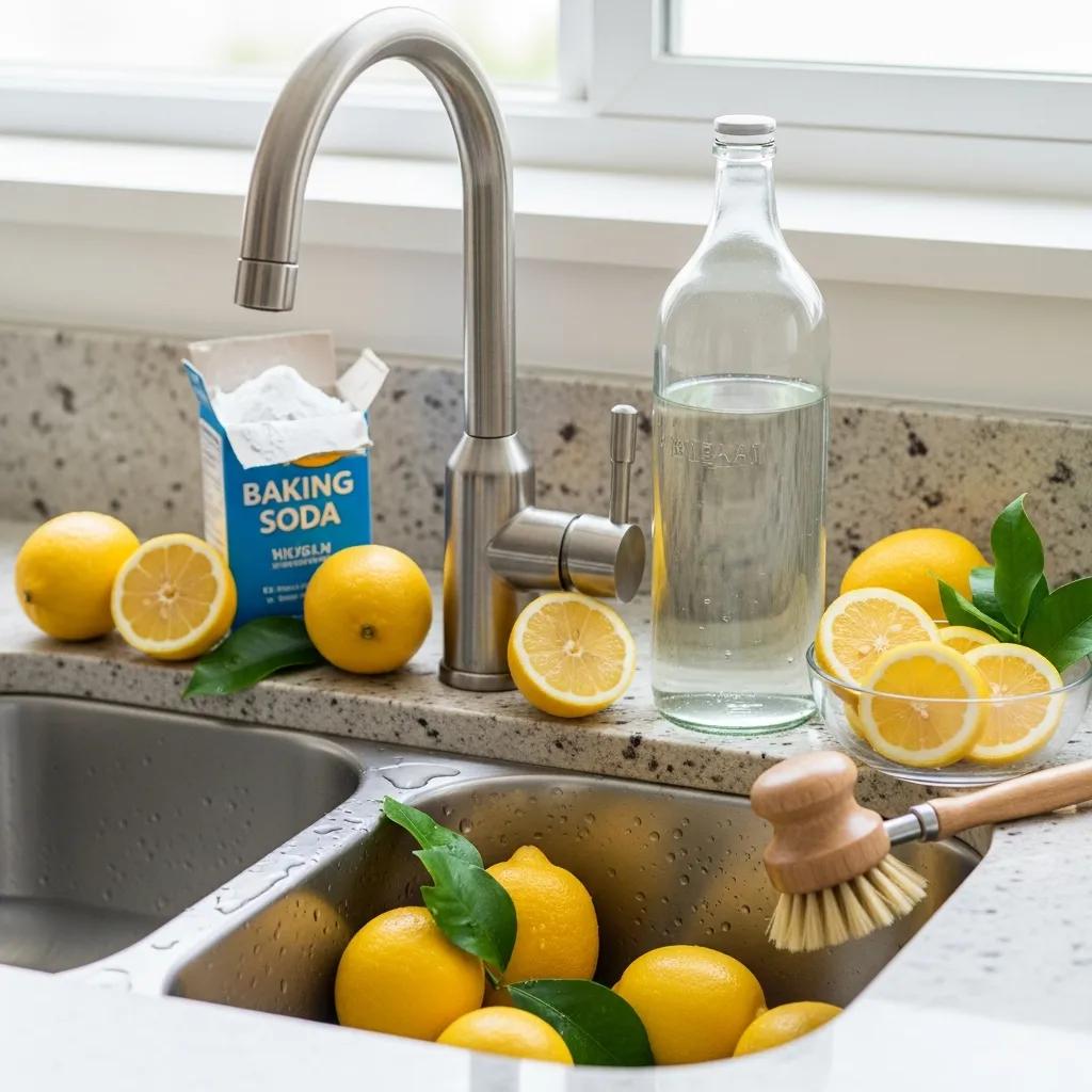 Natural drain cleaning ingredients including baking soda, vinegar, and lemons arranged around a clean kitchen sink