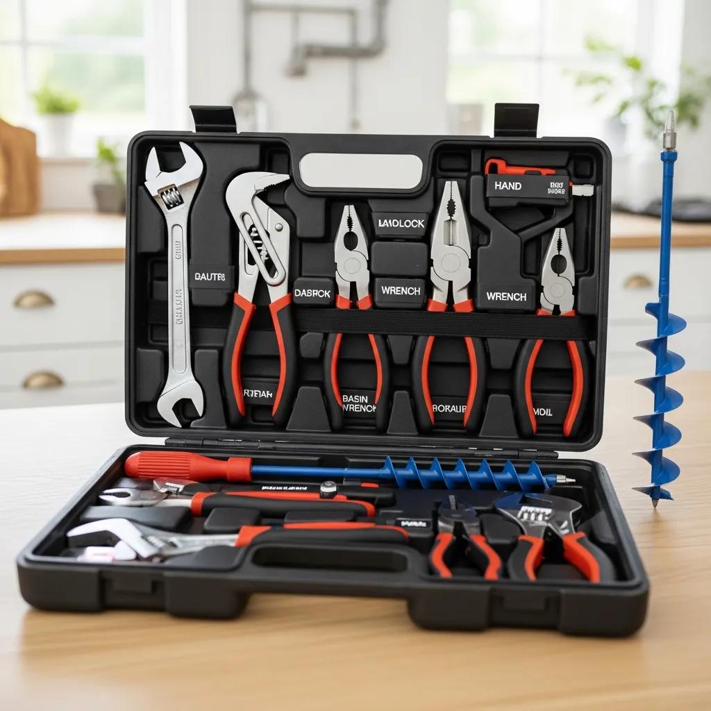 Compact plumbing kit opened to show adjustable wrench, channel-lock pliers, basin wrench, and hand auger