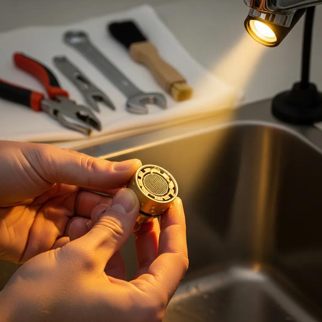Homeowner inspecting a faucet aerator under a sink as part of routine maintenance