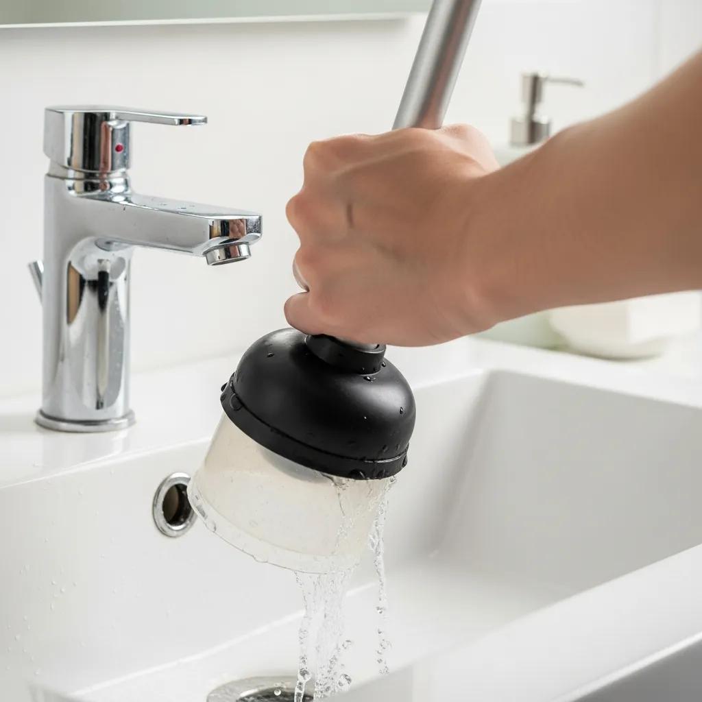 Using a cup plunger on a bathroom sink to clear a clog