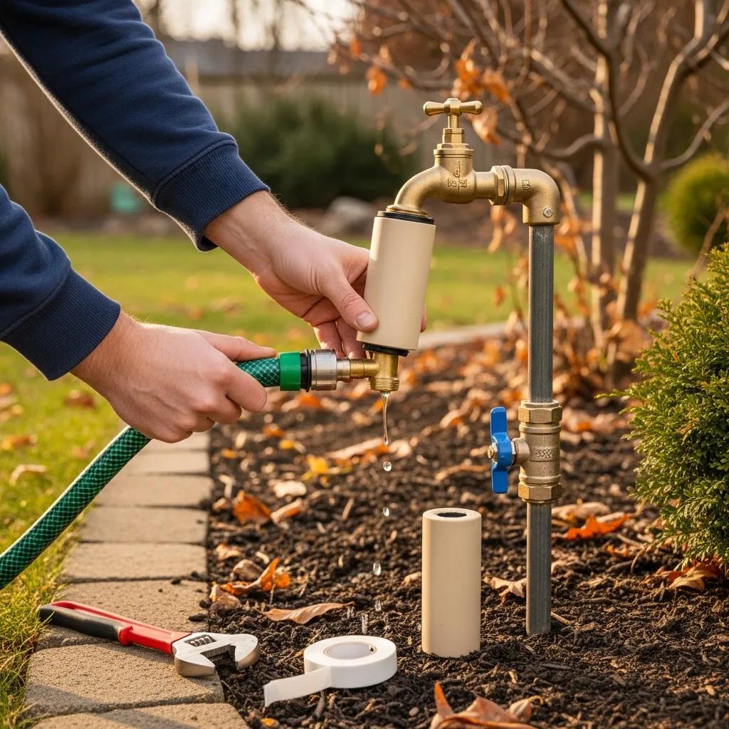 Person installing an insulated cover on an outdoor faucet ahead of winter