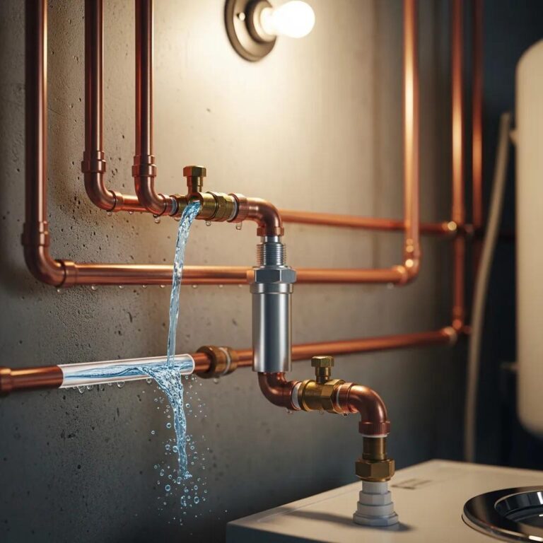Plumbing scene illustrating water hammer with pipes and an arrestor