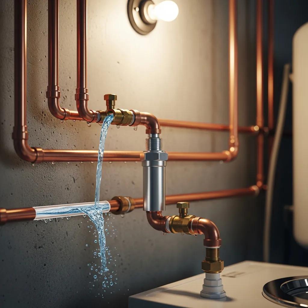 Plumbing scene illustrating water hammer with pipes and an arrestor