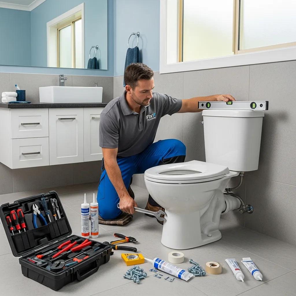 Professional plumber installing a dual flush toilet in a modern bathroom, using tools and a level for precise alignment and expert installation techniques.