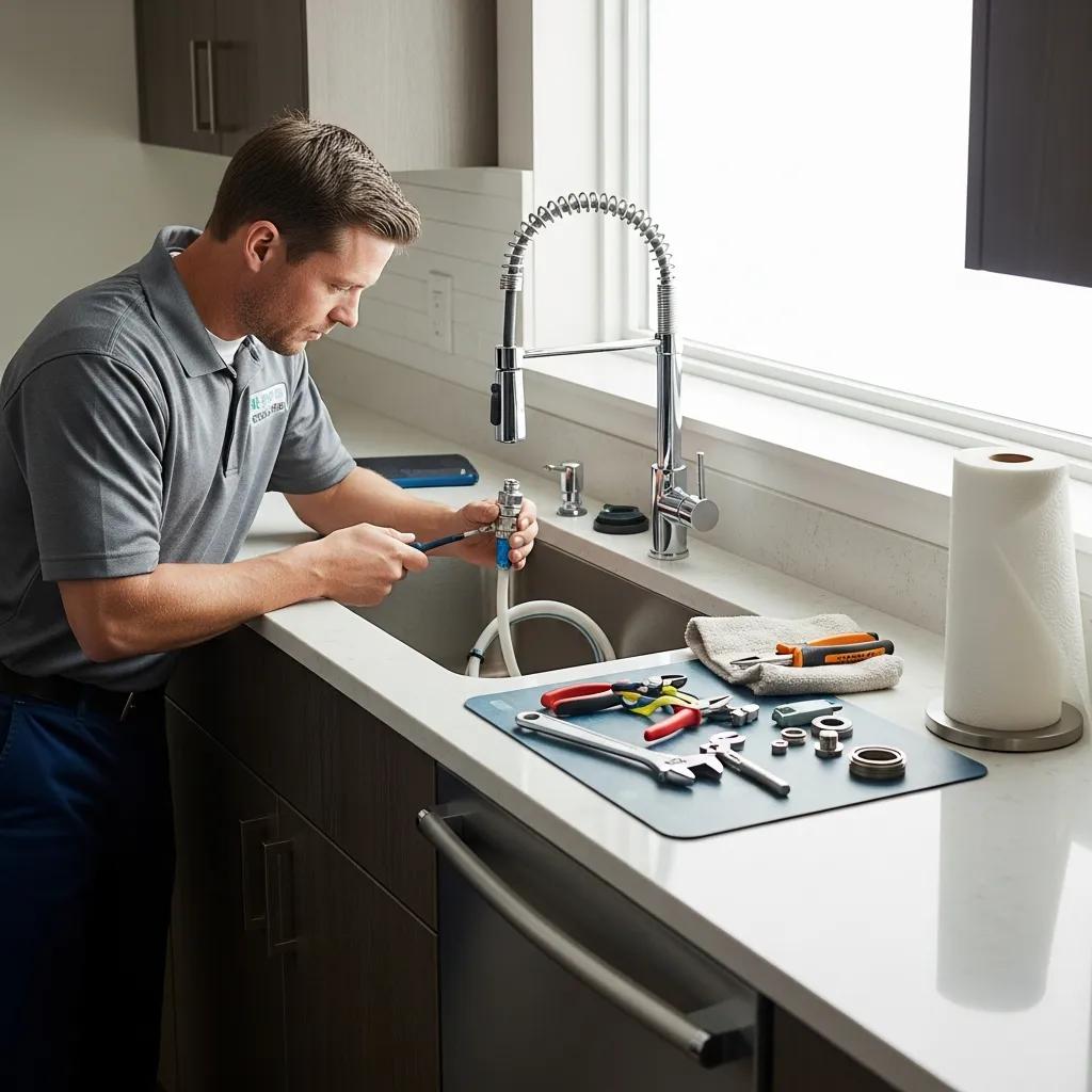 Professional plumber installing a touchless kitchen faucet, surrounded by tools and materials, in a modern kitchen setting.
