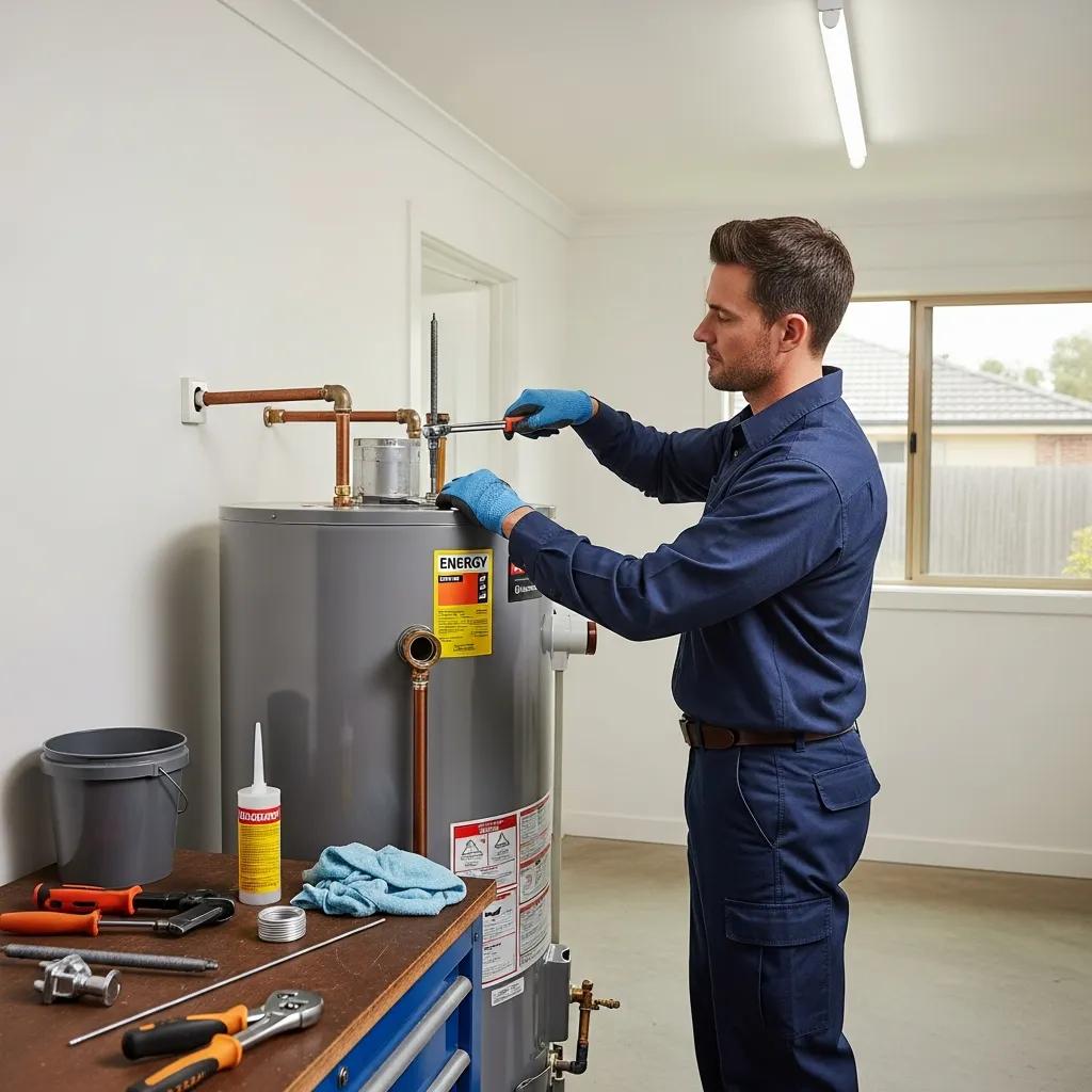 Professional plumber replacing anode rod in a water heater, showcasing service quality