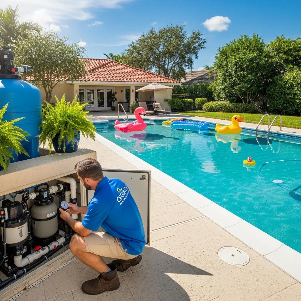 Residential swimming pool maintenance with clear water and technician inspecting equipment