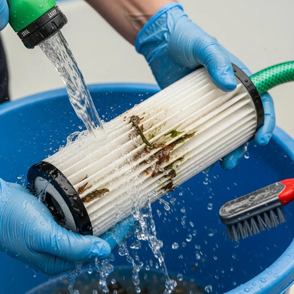 Technician cleaning a pool cartridge filter