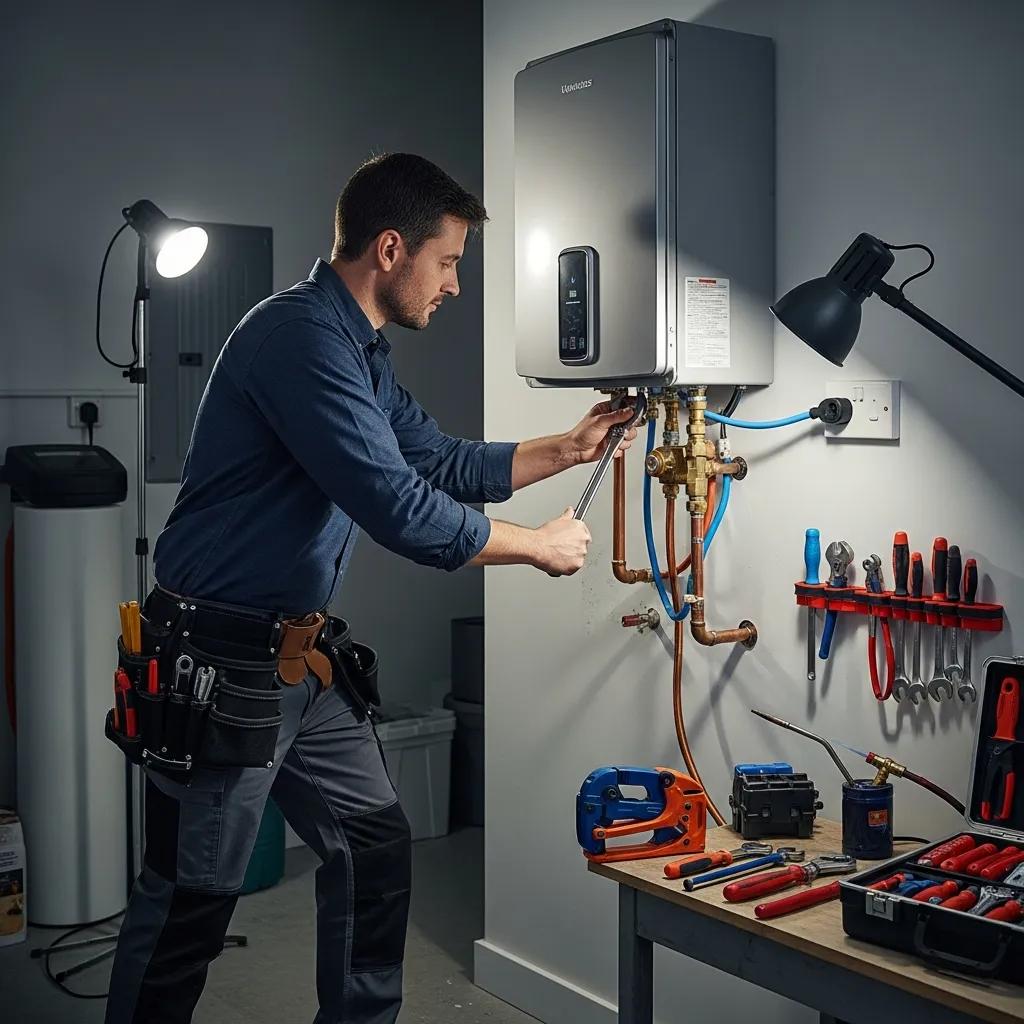 Technician installing a tankless water heater to improve home efficiency