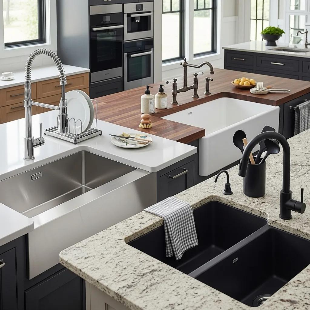 Variety of kitchen sink materials including stainless steel, cast iron, and granite composite in a modern kitchen setting