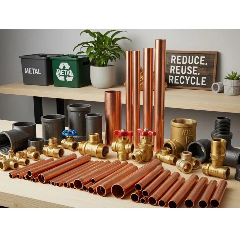Variety of recyclable plumbing materials including copper pipes and brass fixtures in an eco-friendly workspace