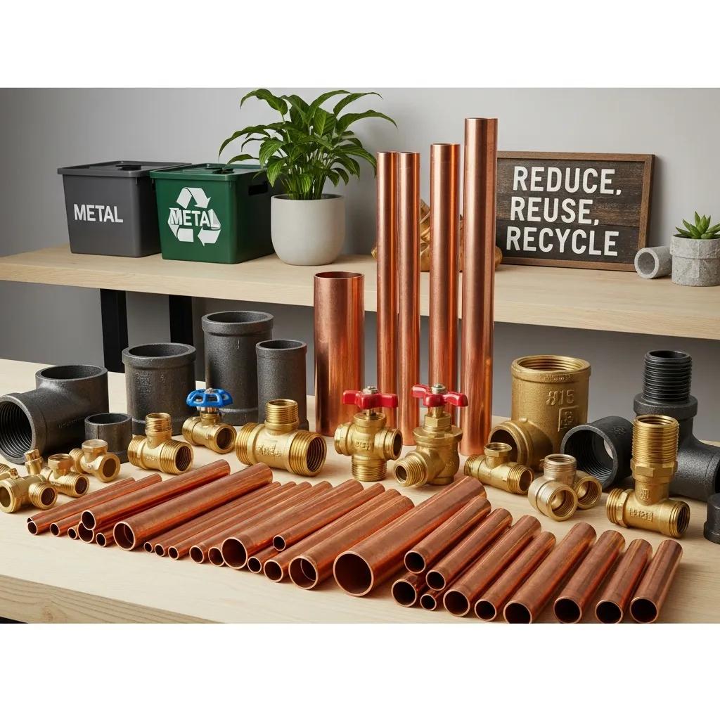 Variety of recyclable plumbing materials including copper pipes and brass fixtures in an eco-friendly workspace