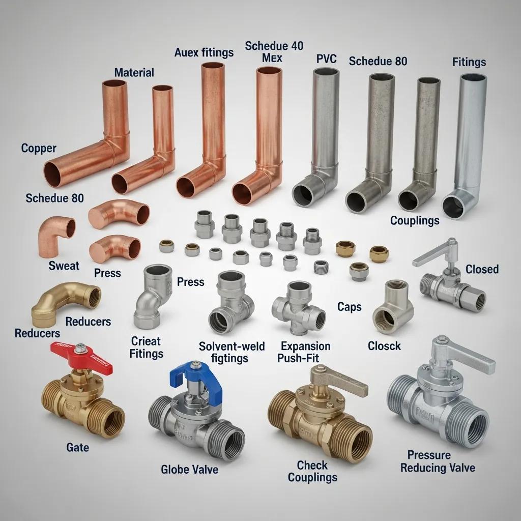 Assorted pipes, fittings, and valves used in home plumbing systems for homeowner reference