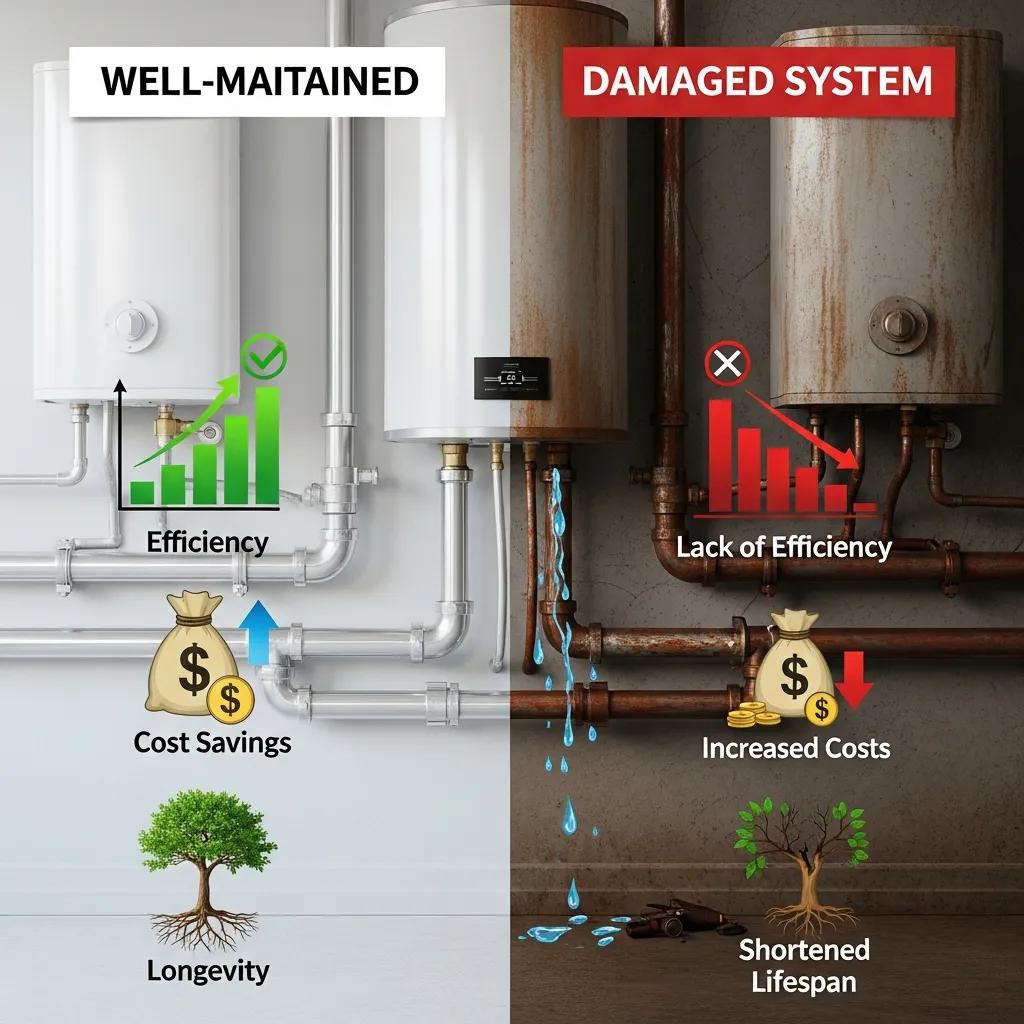 Side-by-side of well-maintained plumbing and damaged plumbing to show benefits