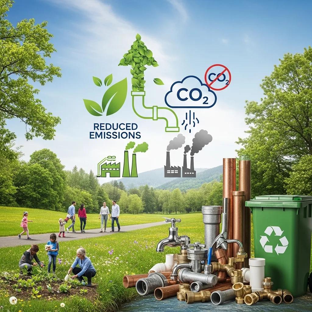 Graphic showing reduced emissions and resource savings from recycling plumbing metals