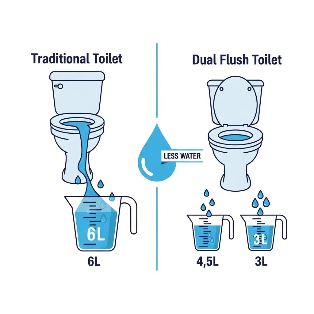 Visual comparison of water usage: traditional toilet using 6L versus dual flush toilet using 4.5L for liquid waste and 3L for solid waste, emphasizing water efficiency and savings.