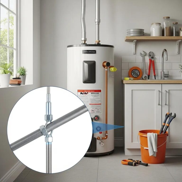 Water heater with anode rod in a utility room, emphasizing corrosion prevention