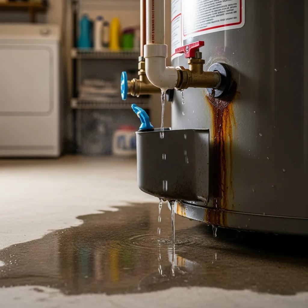Close-up showing water pooling around the base of a hot water heater