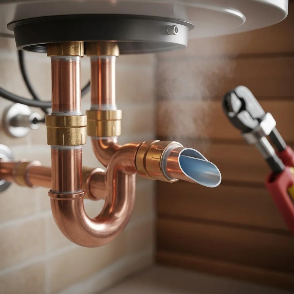 Close-up of copper pipes in a home plumbing installation showing joints and fittings