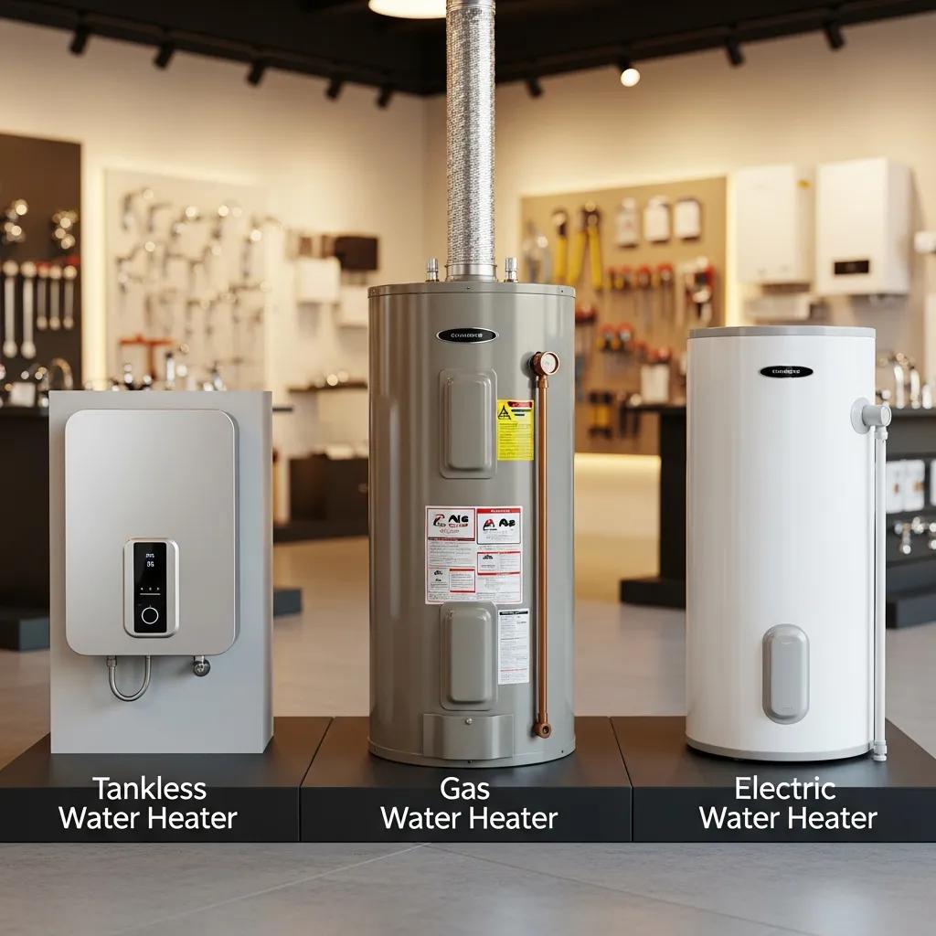Side-by-side view of tankless and traditional water heaters in a showroom