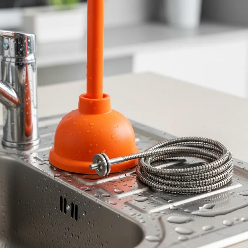 Orange cup plunger and manual drain snake positioned next to a sink, ready for use in DIY drain clearing.