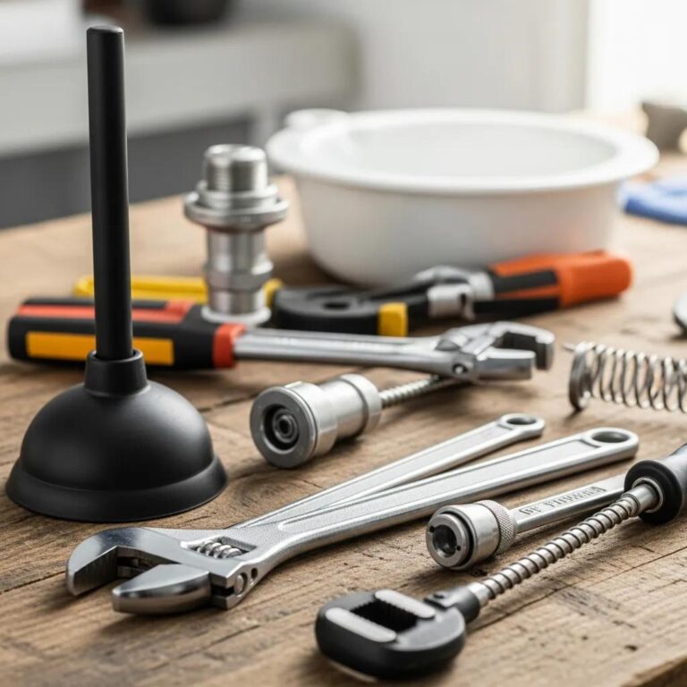 Essential plumbing tools including a plunger, adjustable wrench, and pipe wrench arranged on a workbench