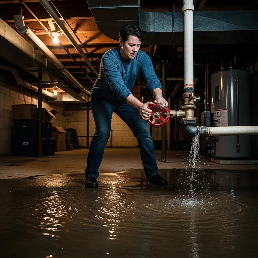 Homeowner turning off the main water valve during a burst pipe emergency