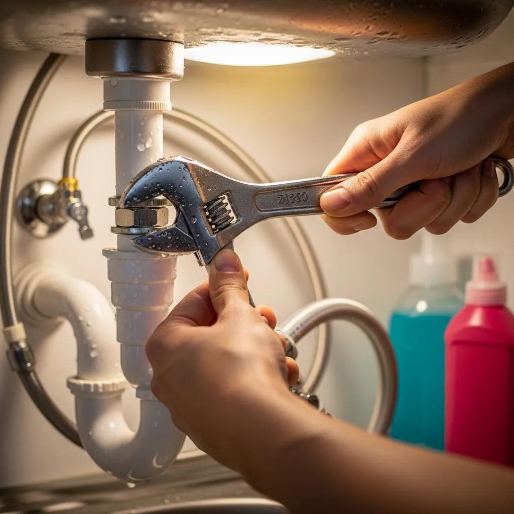 Homeowner using an adjustable wrench to tighten a plumbing fixture under a sink, with visible water droplets and cleaning supplies in the background.