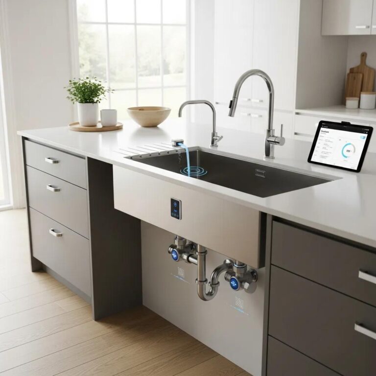 Modern kitchen with smart plumbing technology, showcasing sensors and automated valves for efficient water management